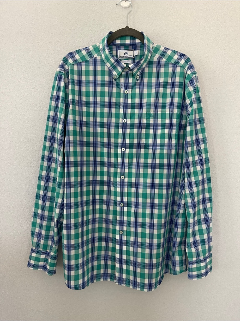 Southern Tide Classic Fit Button Down Shirt Men’s Large Blue Green Plaid Stretch